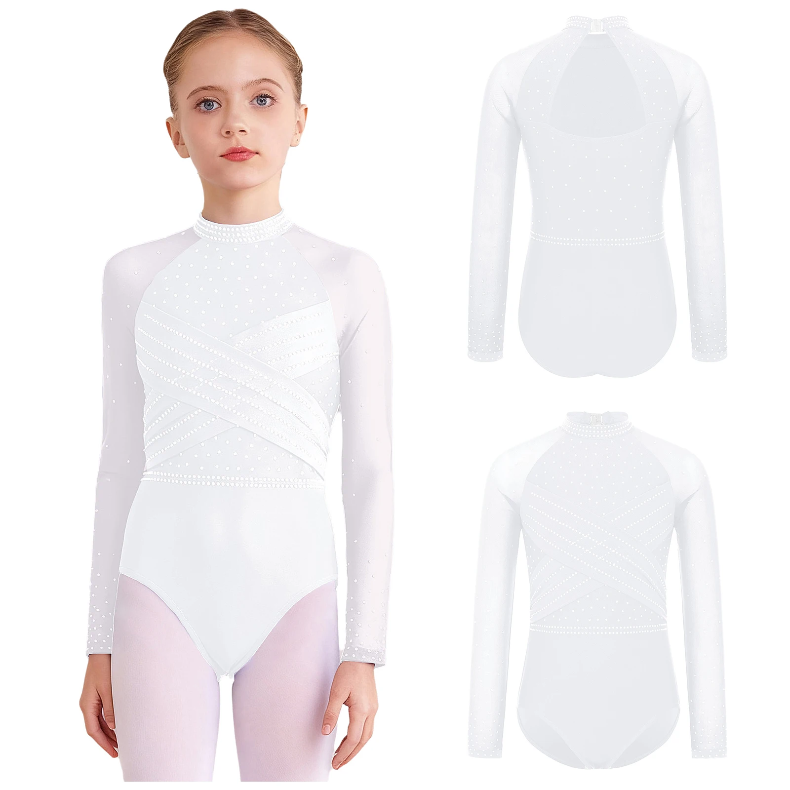 

Girls Sheer Mesh Long Sleeves Dance Leotards Lyrical Breathable Ballet Warm Up Practicing Competition Stage Performance Bodysuit