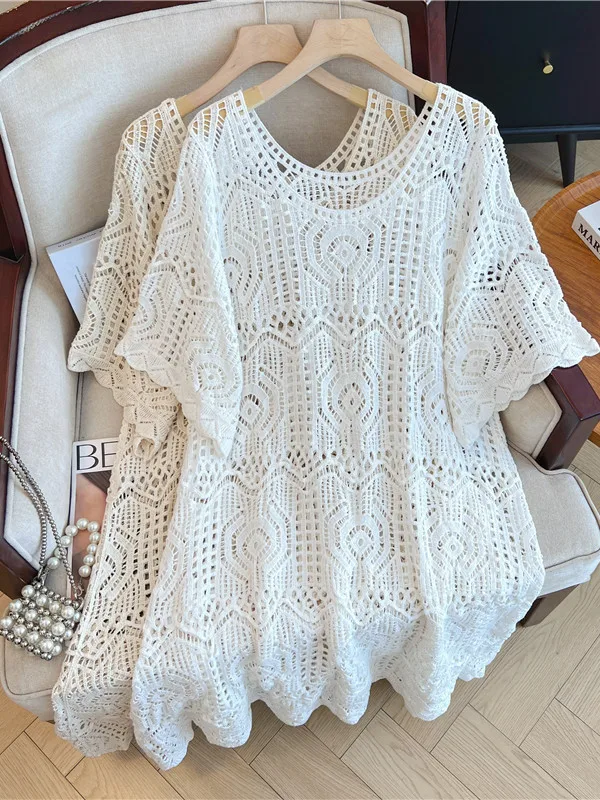 

Loose Knitted Sweater with Hook Flower Hollow out Design Casual Summer Top for plus Size Women Mid-Length Cover-Up