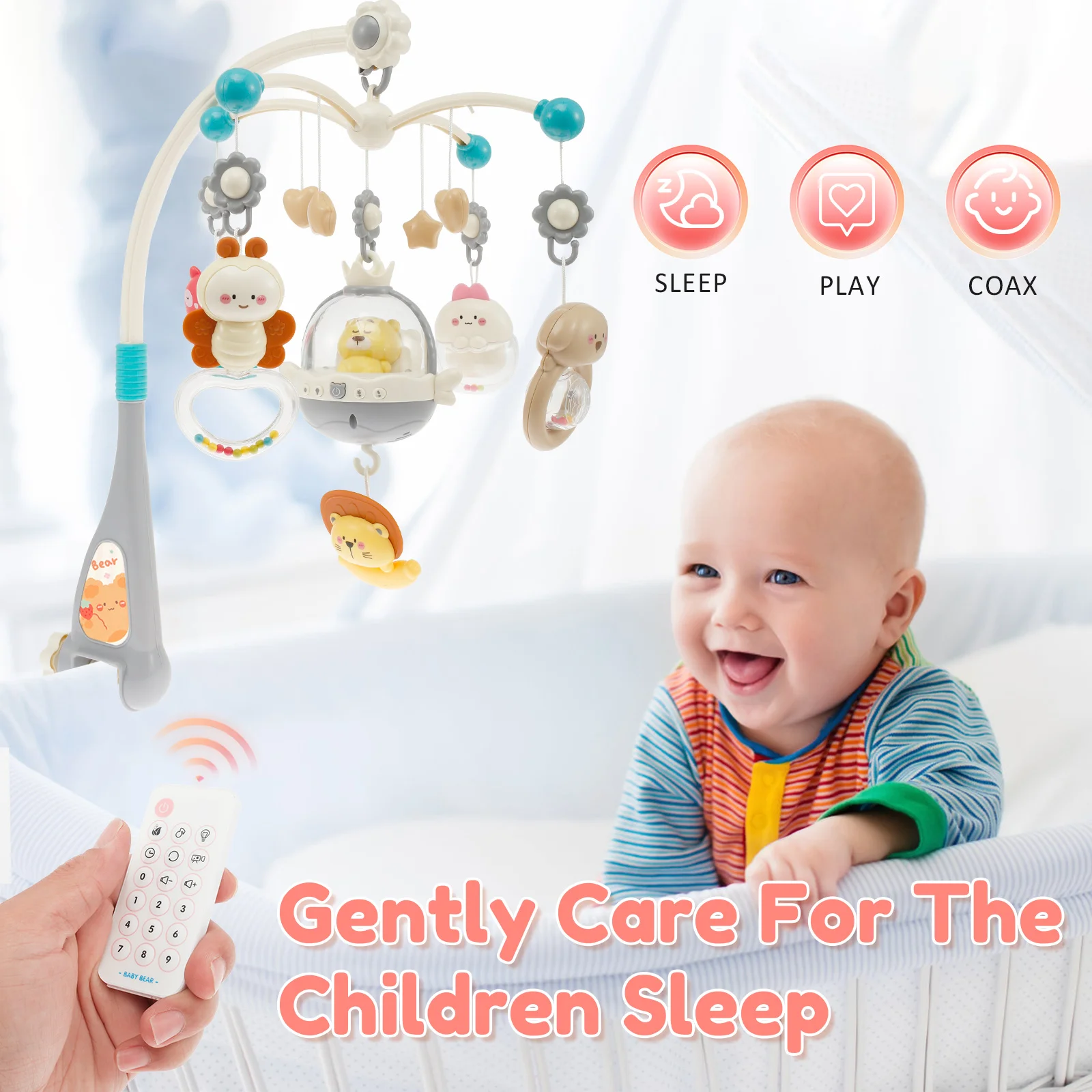 Baby Crib Mobile with Music and Lights Baby Mobile for Crib with Remote Control and Timing Function Hanging Rotating Rattles