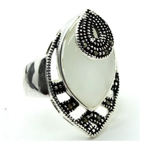 24*13mm NATURAL WHITE OPALS DROP 925 SILVER & MARCASITE RING SIZE 7/8/9/10