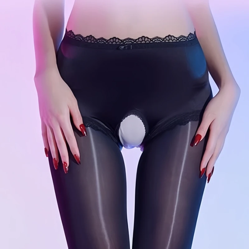 Back Lace Fake Panties Two In One Shaping Pantyhose Women Sexy Oil Shiny Anti Hook Stockings Erotic Open Crotch Tights