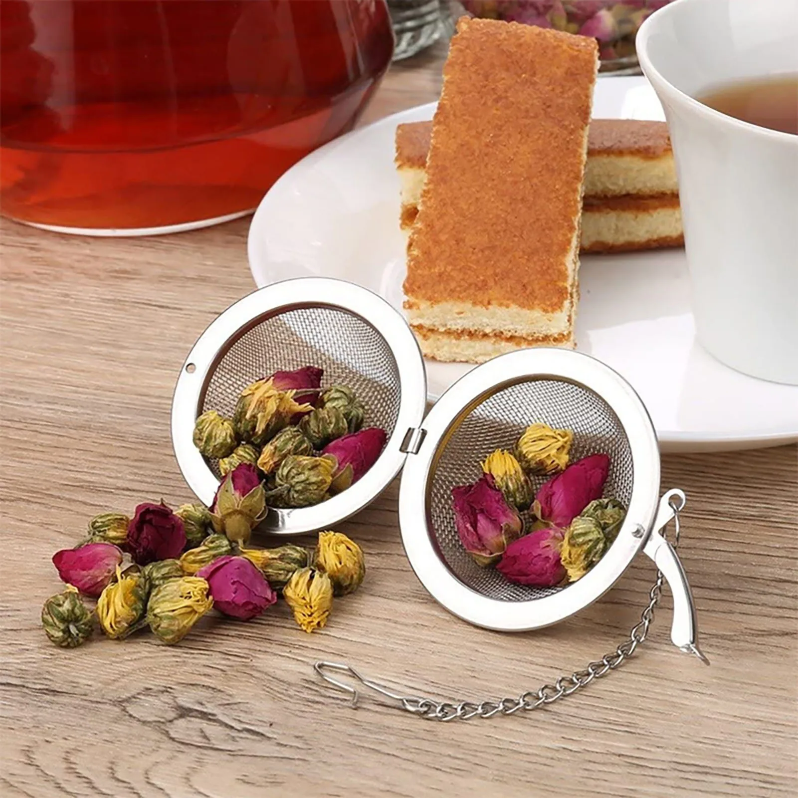 Colador de té de acero inoxidable, infusor con forma de bola de malla, filtro, colador de hojas sueltas reutilizable, bolsa para preparar té de hierbas, accesorios