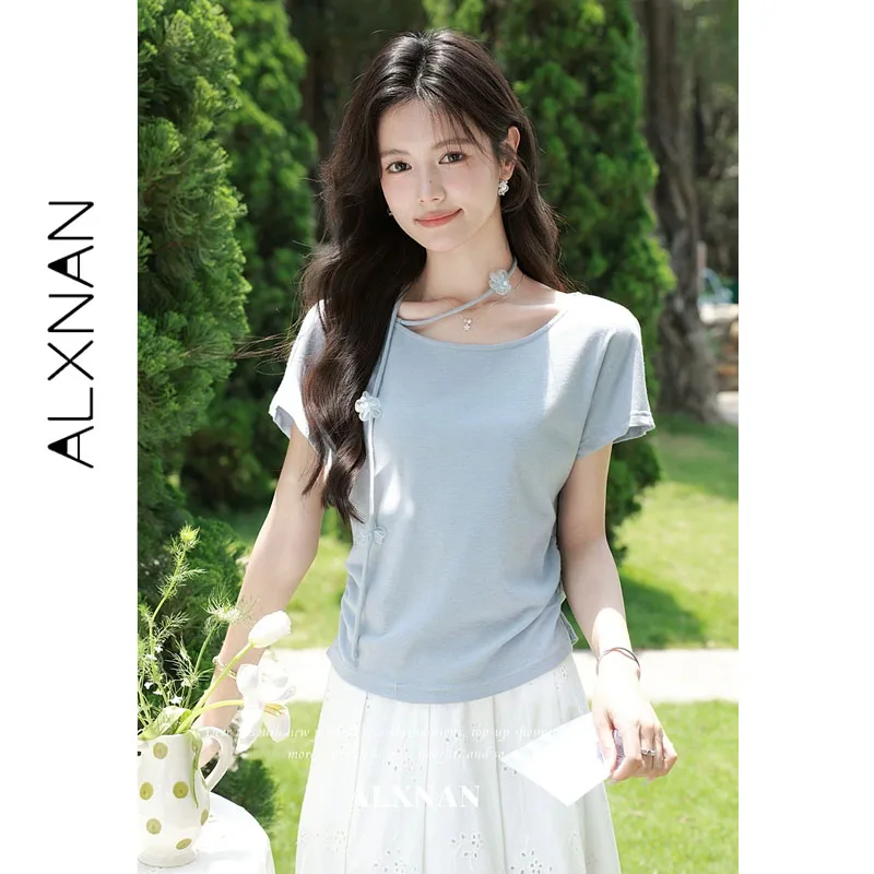 

ALXNAN Light Blue Short Sleeve T-shirt for Women Trendy Elegant 3D Flower and Tie Detail Tees Summer Causal Female Tops L65963