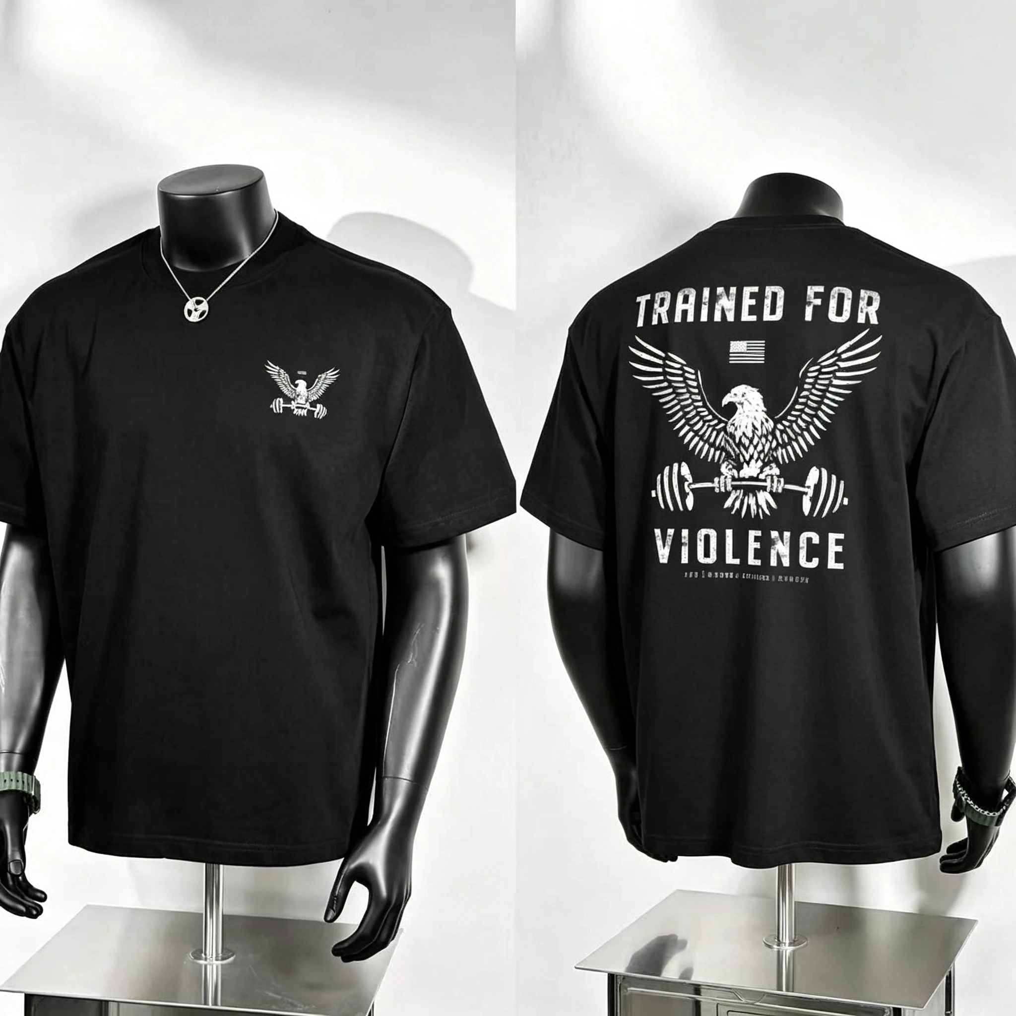 Trained for Violence Graphic T Shirt, Mini Eagle Dumbbell Chest Badge and Large Spread‑Wing Eagle Holding Barbell