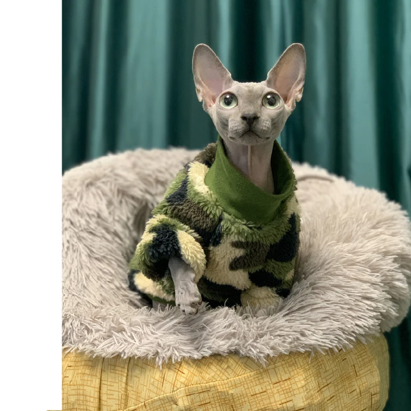 Spring Sphinx Cat Clothes Army Green Pet Hoodies For Sphynx Soft Shirt Warm Kitten Jumpsuit Devon Rex Autumn Kitty Outfit