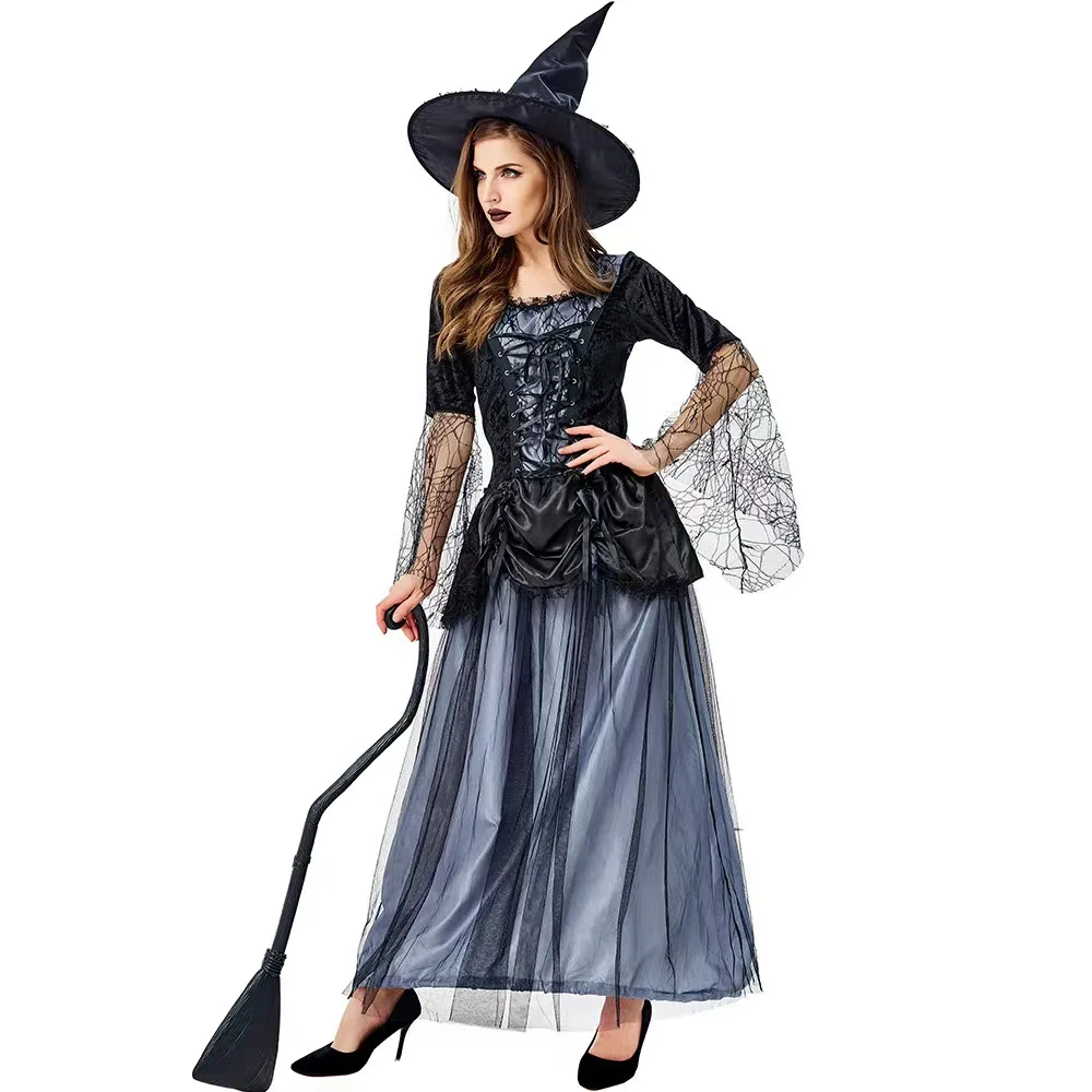 Halloween Heks Cosplay Kostuum Festival Feest Kant Mesh Blauw Zwart Cosplay Jurk Halloween Heks Jurk Met Hoed Set