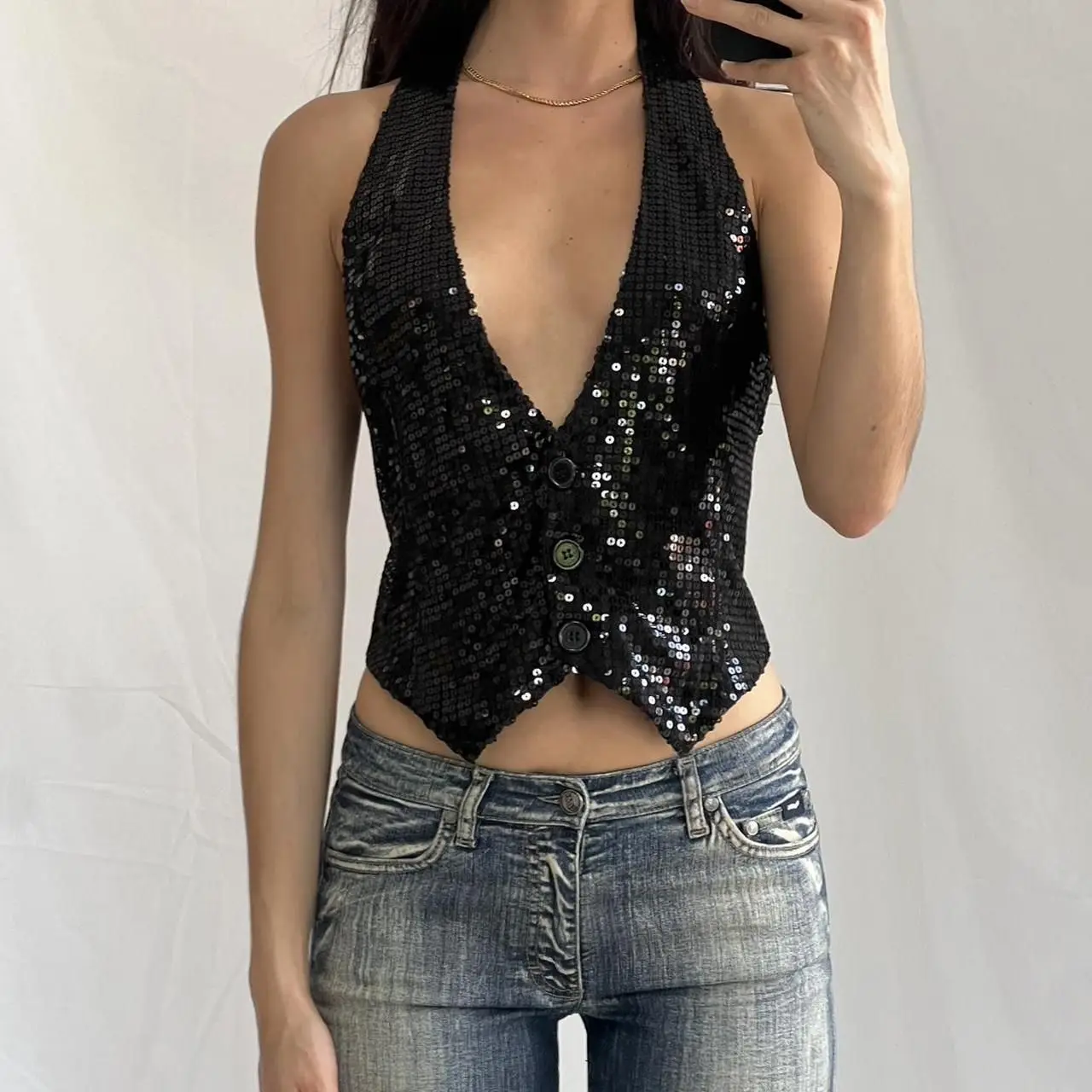 New Sexy Backless Buttoned Cardigan Sequin Halterneck Sleeveless Vest for Women