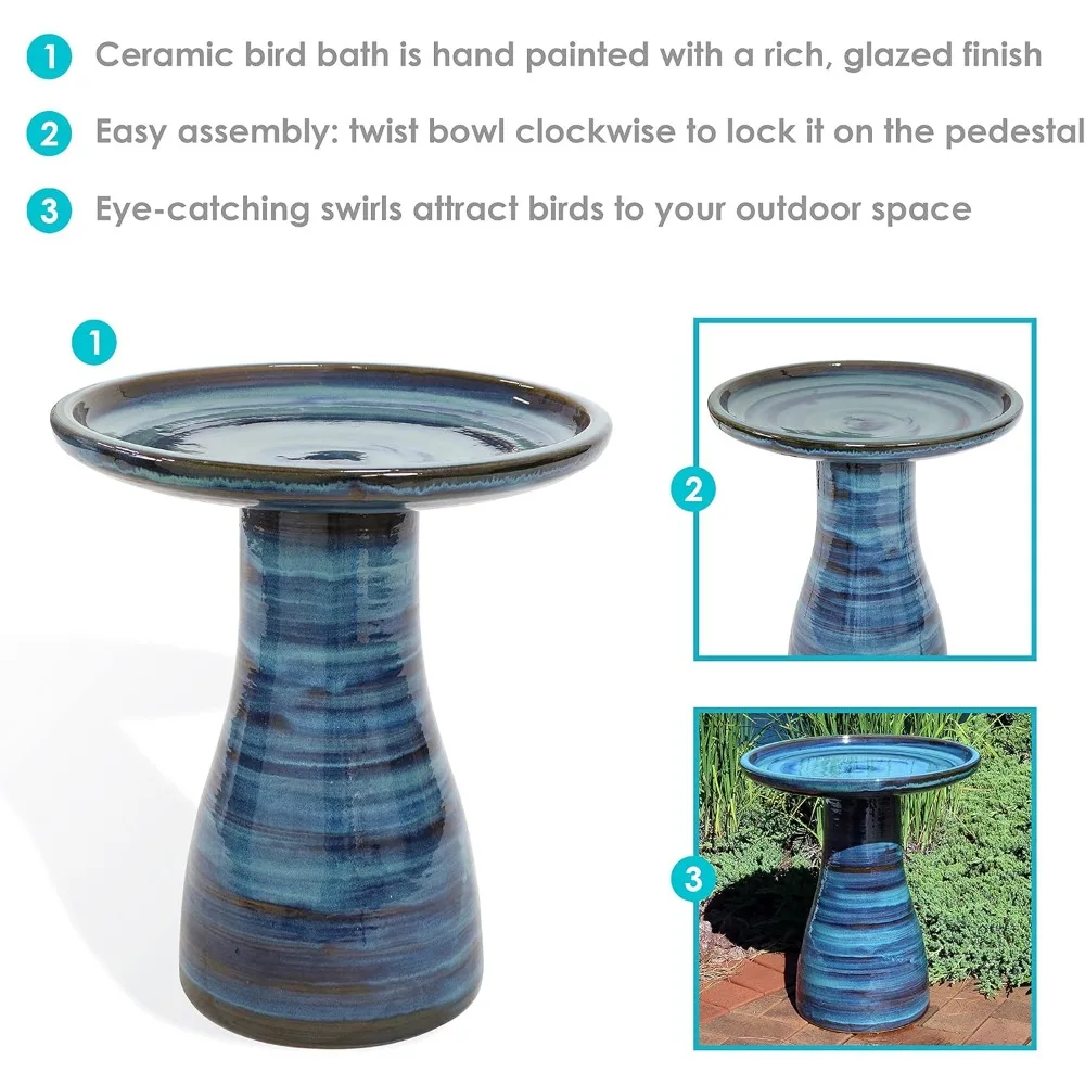 21-Inch H Ceramic Bird Bath for Outside - Hand-Painted Outdoor Bird Bath Bowl, UV/Frost-Resistant Finish