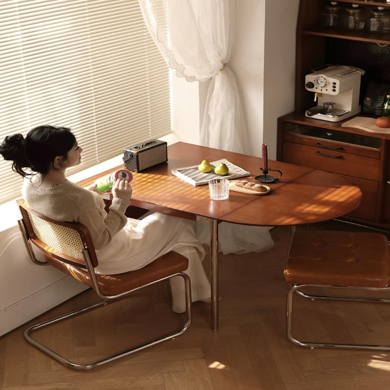 Mesa de comedor plegable de madera de cerezo, mesa de comedor medieval de madera maciza y silla, mesa retráctil ovalada combinada