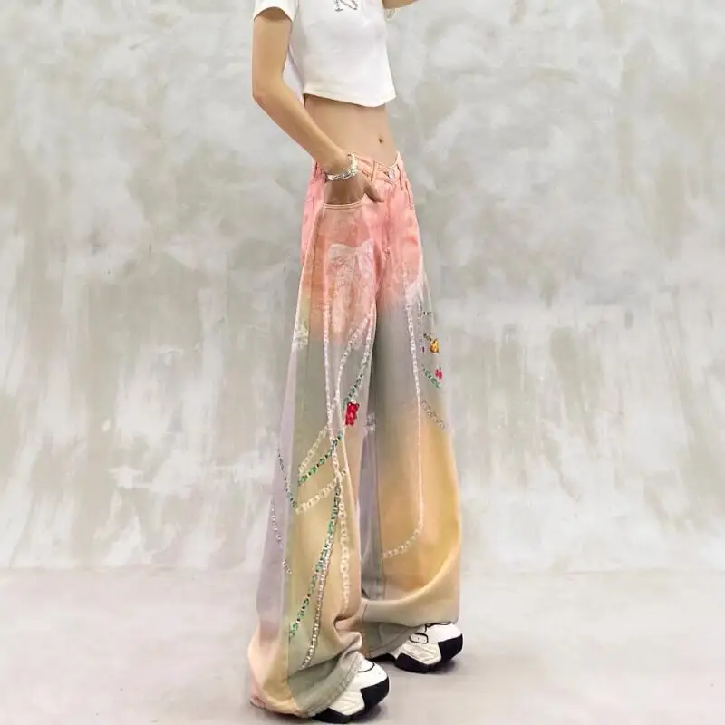 Hot 2026 Spring Summer New Women Fashion High Waist Casual Loose Wide Leg Pants with Personalized Digital Printing Washed Jeans