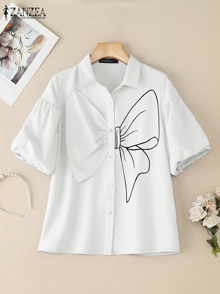 ZANZEA Dames Geborduurde Strikdetailoverhemden 2025, Zomer Casual Korte Lantaarnmouwen Turn-Down Kraag Button Up Shirt Streetwear