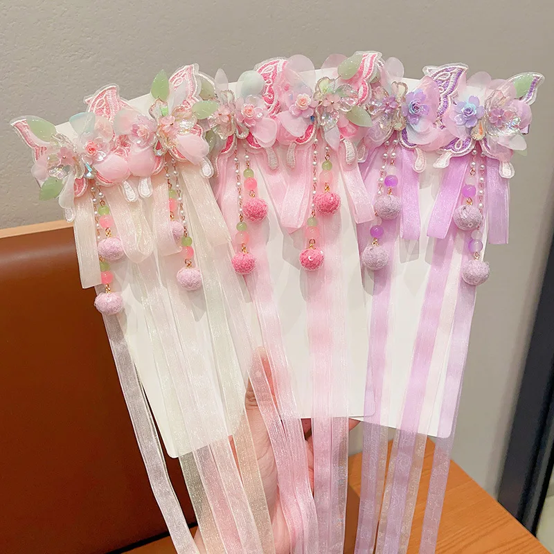 Traditionelle Hanfu-Haarspangen für Frauen, Schmetterlings-Stufen-Haarnadeln mit langen Bandquasten, chinesischer Vintage-Haarschmuck mit Blumenmuster