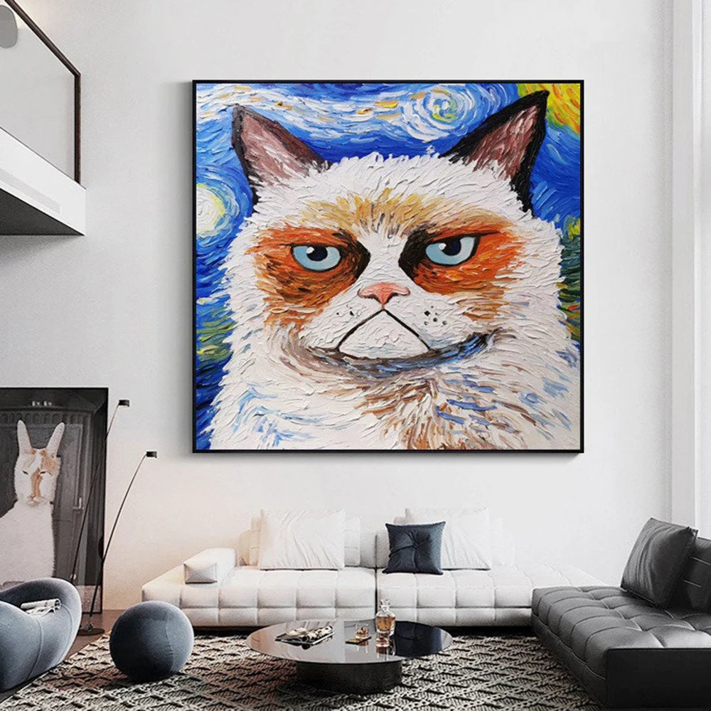 

Hand Painted Oil Painting Pet cat wall oil painting Large animal art painting on canvas Original abstract home decor painting