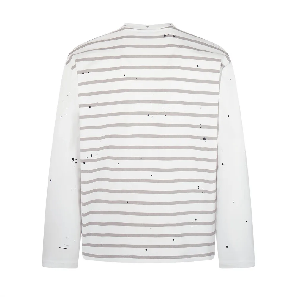 MWJLPWQ Striped Letter Splatter Paint Distressed Long-Sleeve T-Shirt Loose Casual Round-Neck Men's Spring Autumn Tops 21104