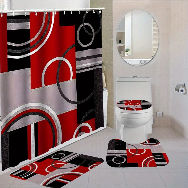 4PCs geometric pattern set, waterproof shower curtain with 12 hooks, non-slip bathroom rug, toilet U-shape mat, T