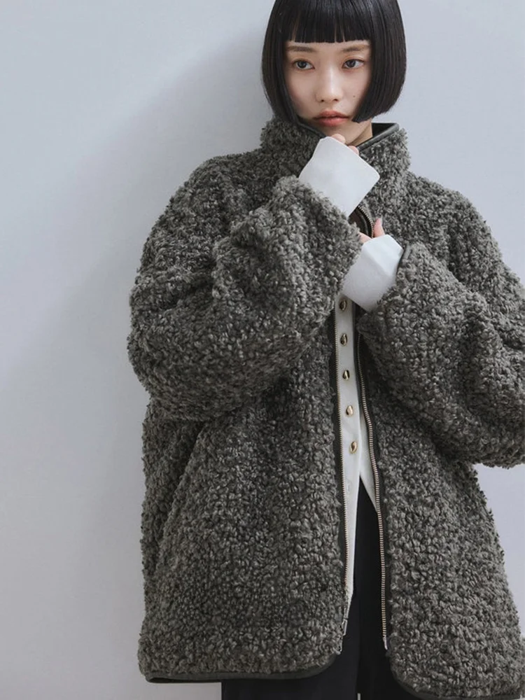 

Двусторонняя носимая куртка из овечьего меха свободного кроя, с отложным воротником из шерстяной пряжи, повседневная, теплая, однотонная, для женщин, весна-осень-зима