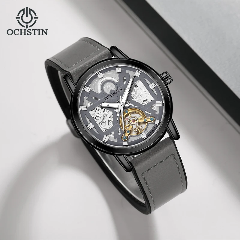 OCHSTIN Automatic Men Watch Y2K Design Luxury Tourbillon Mechanical Luminous Dial Male Dress Leather-Rubber Strap Magnetic Clasp