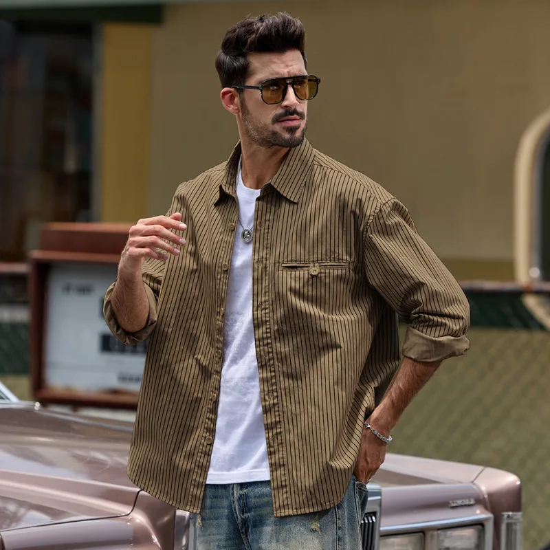 

Мужские полосатые рубашки с нагрудным карманом, весенние хлопковые рубашки в повседневном рабочем стиле, классические рубашки с длинными рукавами, мужские топы на пуговицах, рубашка