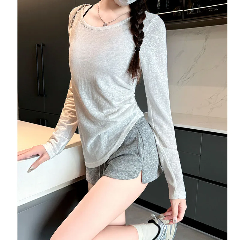 

Women Long Sleeve T-shirts Korean Fashion Round Neck Slim Fit Asymmetrical T Shirt Ladies Casual Basic Solid Bottom Tee Tops