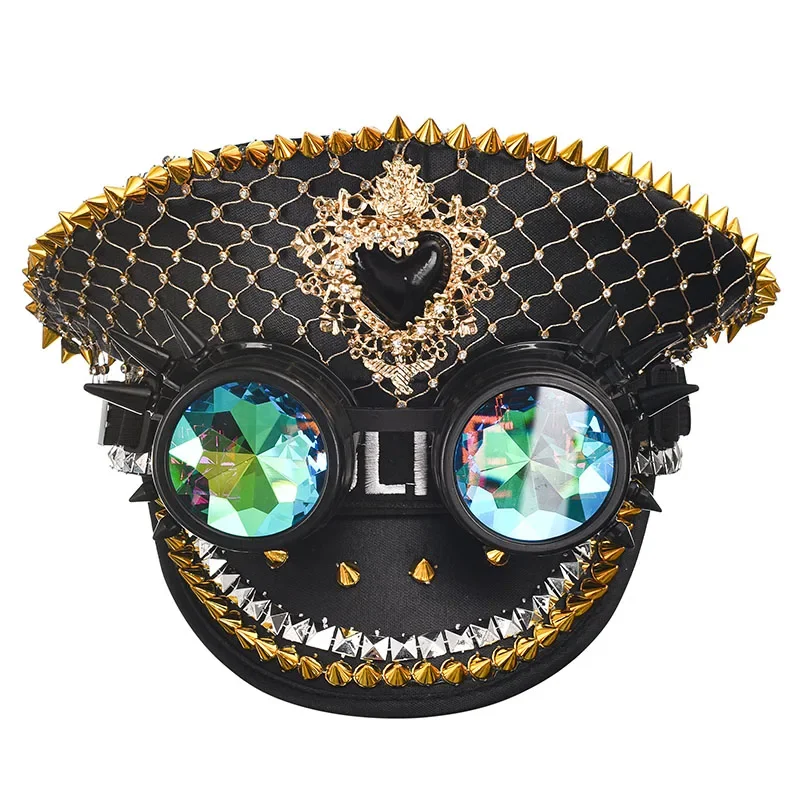 Sombrero de lentejuelas Burning Man para mujer, sombreros de capitán militar para Festival Mucis, gorras Steampunk con gafas