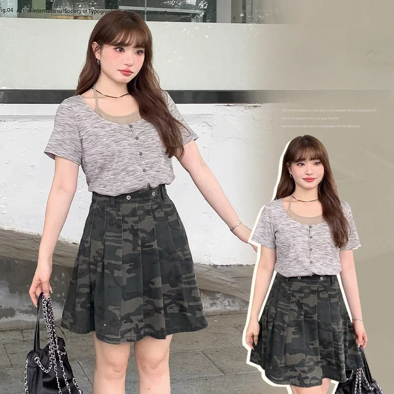 

Chic High Waist Camouflage Jean Skirt Plus Size Women's A-Line Pleated Mini Skirt Summer New Arrival