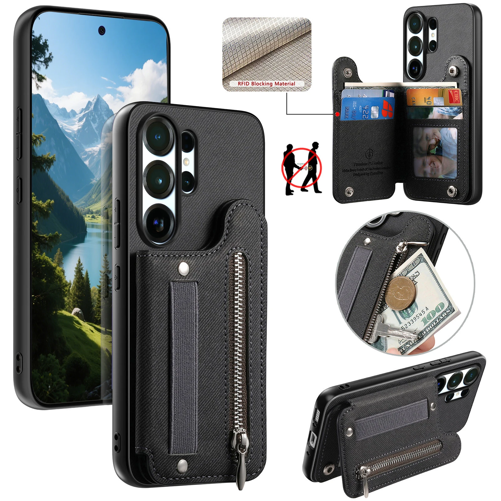 Leder-Handyhülle mit Reißverschluss und Kartenfächern für Samsung Galaxy S26 S24 S23 S22 Ultra Plus S23 S26 S25FE – mit Ständerfunktion