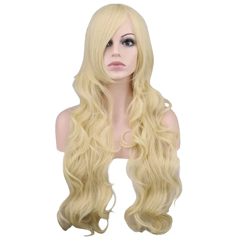 QQXCAIW Long Wavy Cosplay Black Purple White Red Pink Blue Blonde Orange Sliver Gray 80 Cm Synthetic Hair Wigs