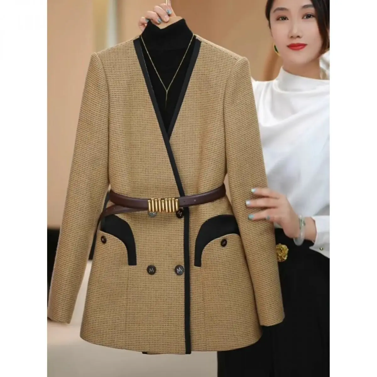 

Новинка 2025 года, популярный верхний женский пиджак с поясом, винтажная шерстяная куртка для женщин на осень и зиму