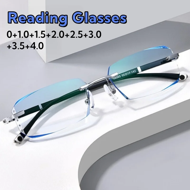 

Anti Blue Light Presbyopia Diamond Trimmed Frameless Photochromic Reading Glasses Glasses Fashionable Business Men Glassess