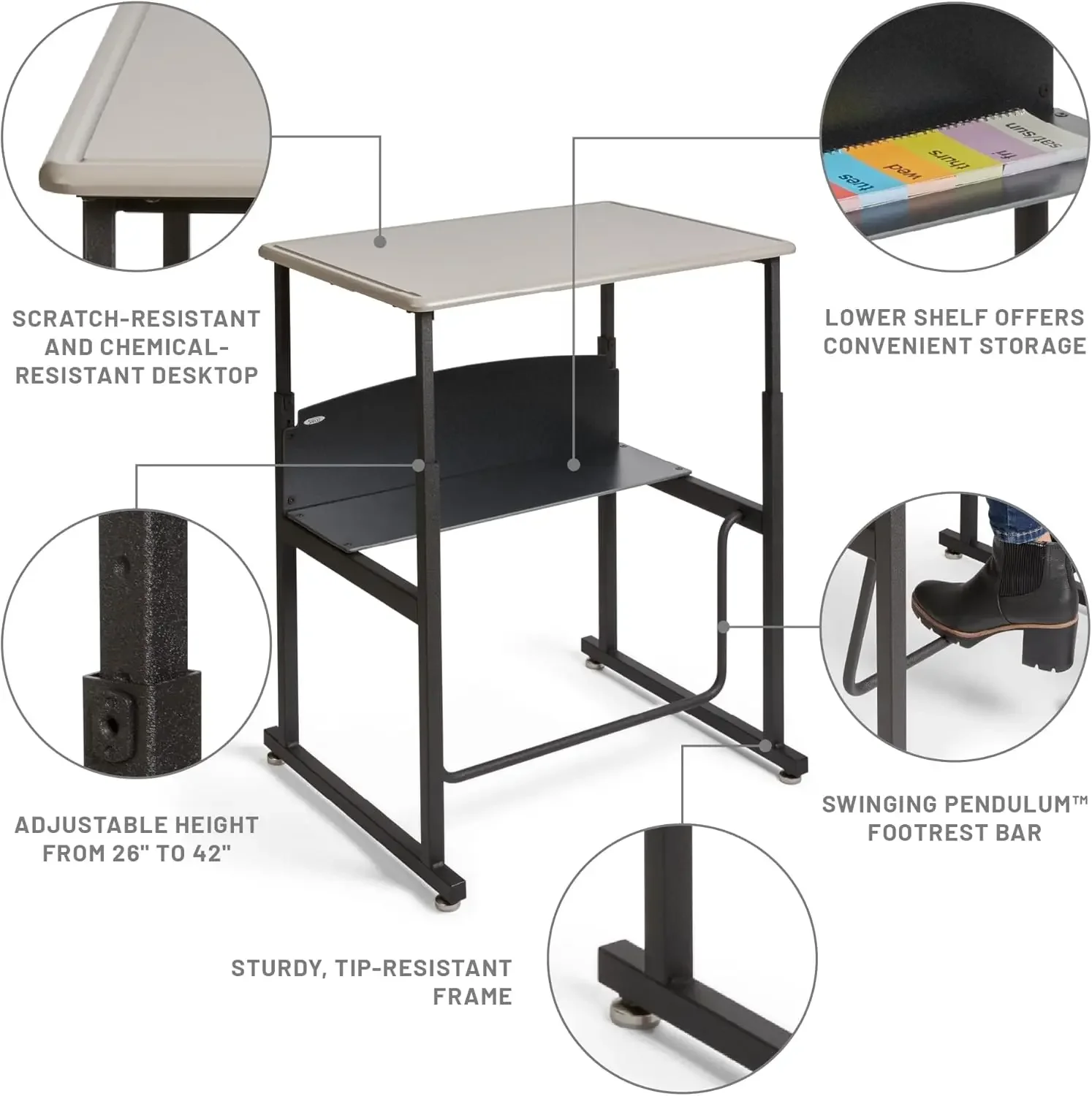 Stand-Up Student Desk, Features a Swinging Pendulum Footrest Bar & a 28” W x 20” D Durable Desktop, Adjustable