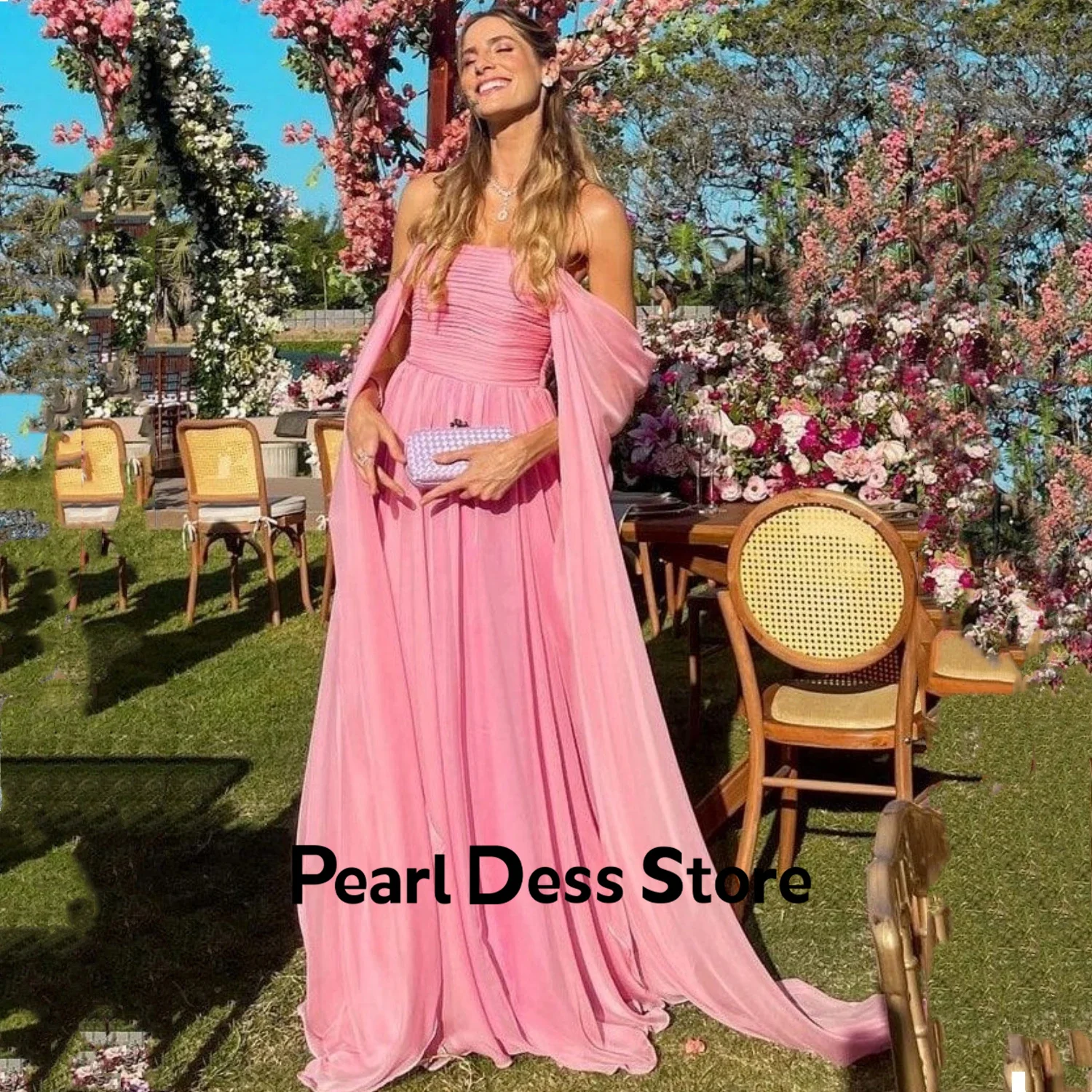 

2024 Women's Strapless Chiffon Dress Elegant Luxury Pink Formal Celebrity Prom Dress