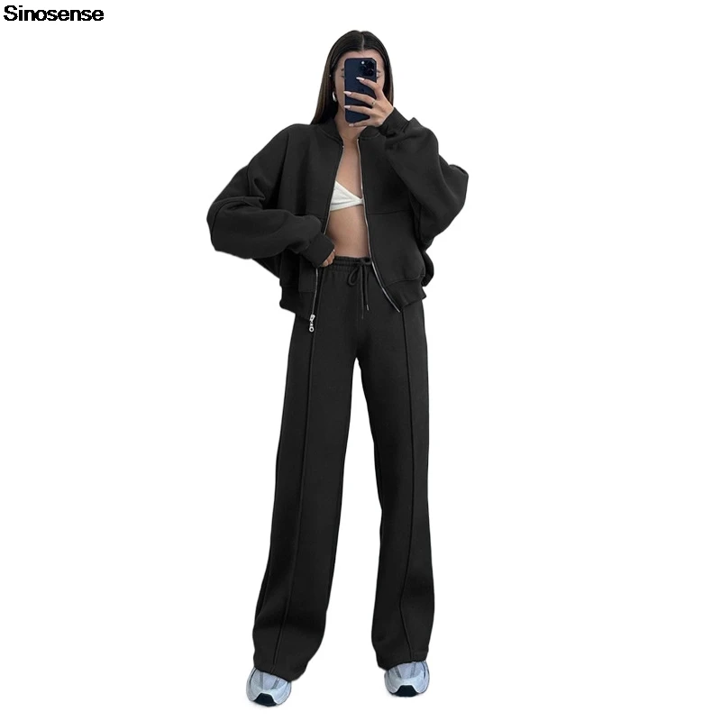 Women Casual Sports 2 Piece Outfits Long Sleeve Zipper Sweatshirt+Wide Leg Pants Tracksuit Sets Outdoor Daily Wear Sweatsuits