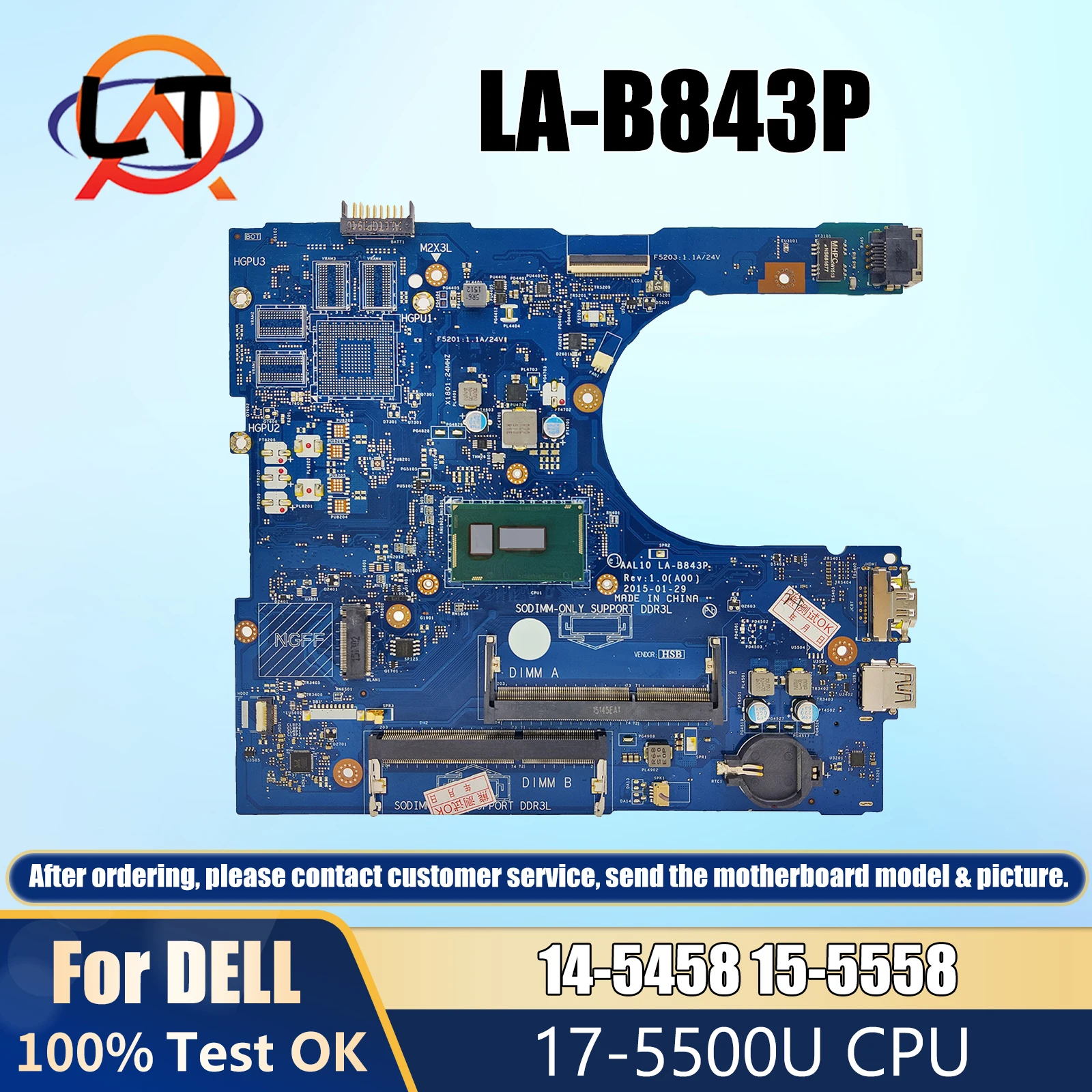 PARA Dell Inspiron 14 5458 15 5558 Laptops Placa-mãe AAL10 LA-B843P Com I7-5500U CPU CN-0XCFXD