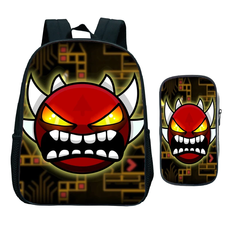 Mochila infantil Angry Geometry Dash para crianças, Bolsa de caneta para meninos e meninas, Mochila Softback, Bolsa de jardim de infância, 2pcs