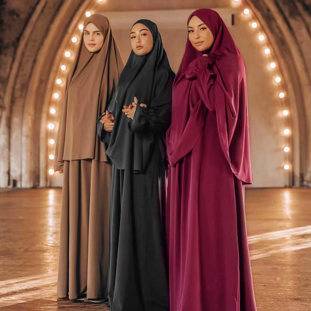 

Women Prayer Garment Muslim Hooded Tops Maxi Dress 2 Pieces Set Eid Ramadan Islamic Khimar Abayas Niqab Burqa Hijab Abaya Kaftan