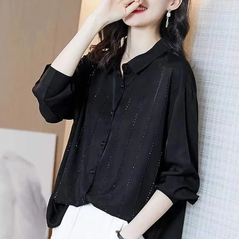 Spring Autumn Fashion Elegance Solid Chiffon Blouses Women's Clothing Diamonds Single Breasted POLO Collar Long Sleeve Shirts