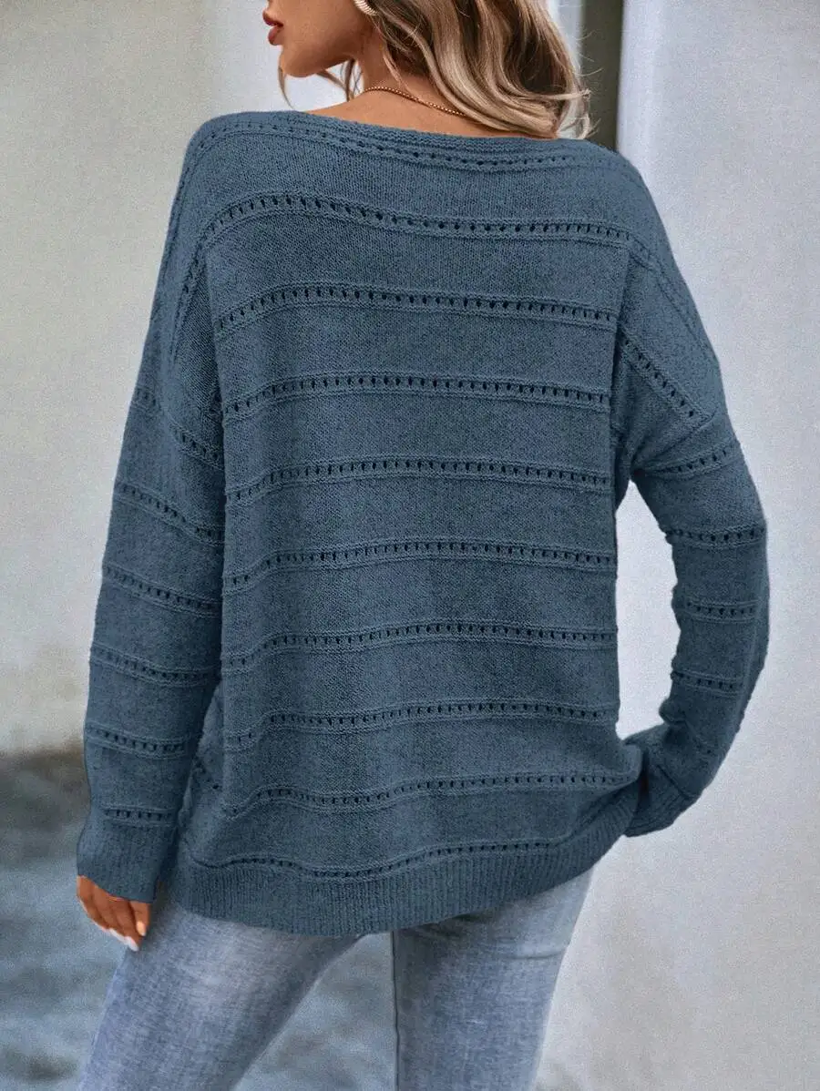 

Solid Color Drop Shoulder Mesh Knit Pullover Sweater