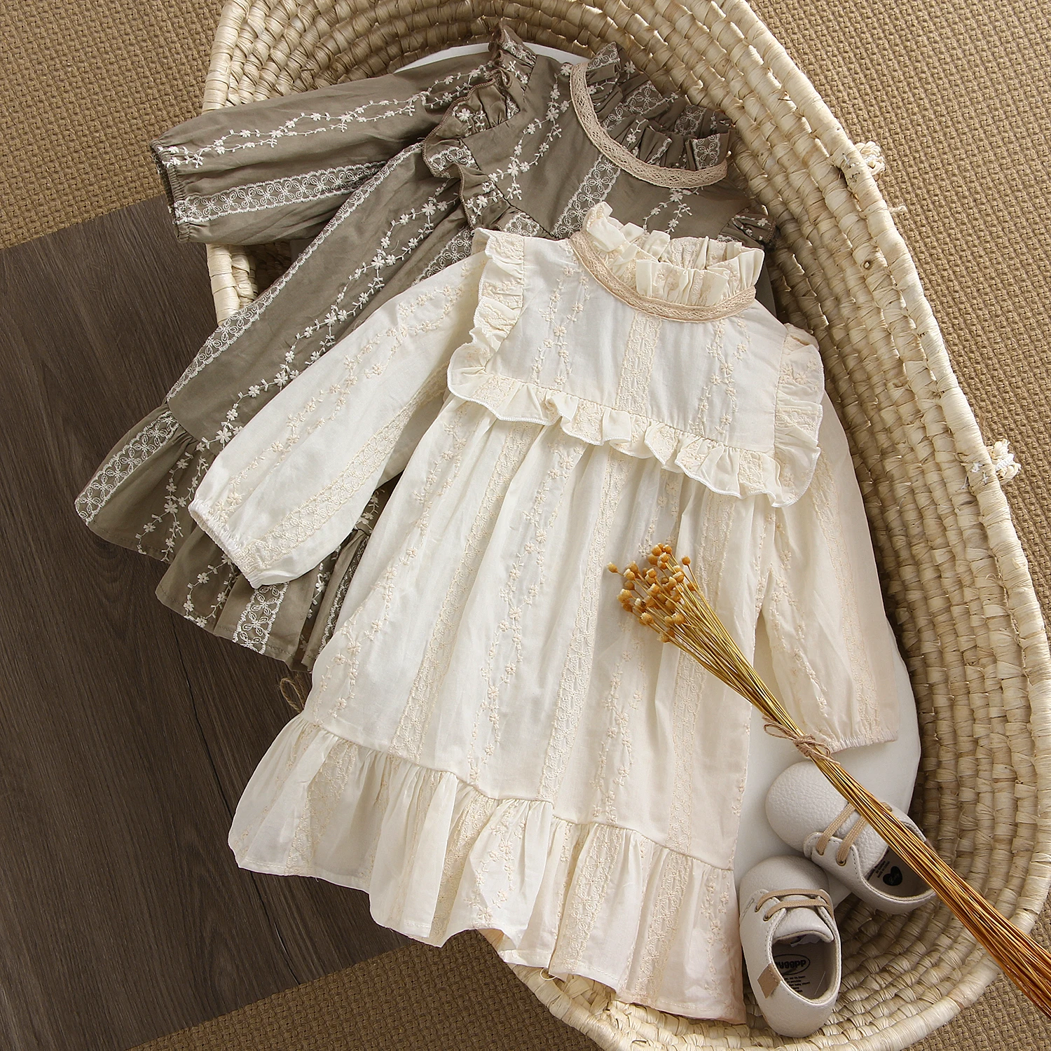 Spring Summer Children Dresses Infant Dress Baby Girl Casual Style Long Sleeve Embroidery Cotton Skirt 0-6Y