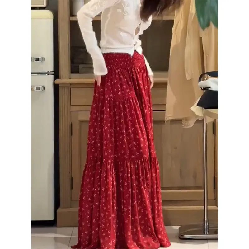 2026 Versatile Skinny Retro Waist Skirt Red Floral High Waist Hip Cover Slim Cake Skirt Long Dress Women