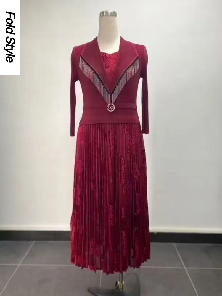 

Miyake со складками, новинка 2025, элегантное свободное женское платье с бронзовыми бусинами на шнуровке