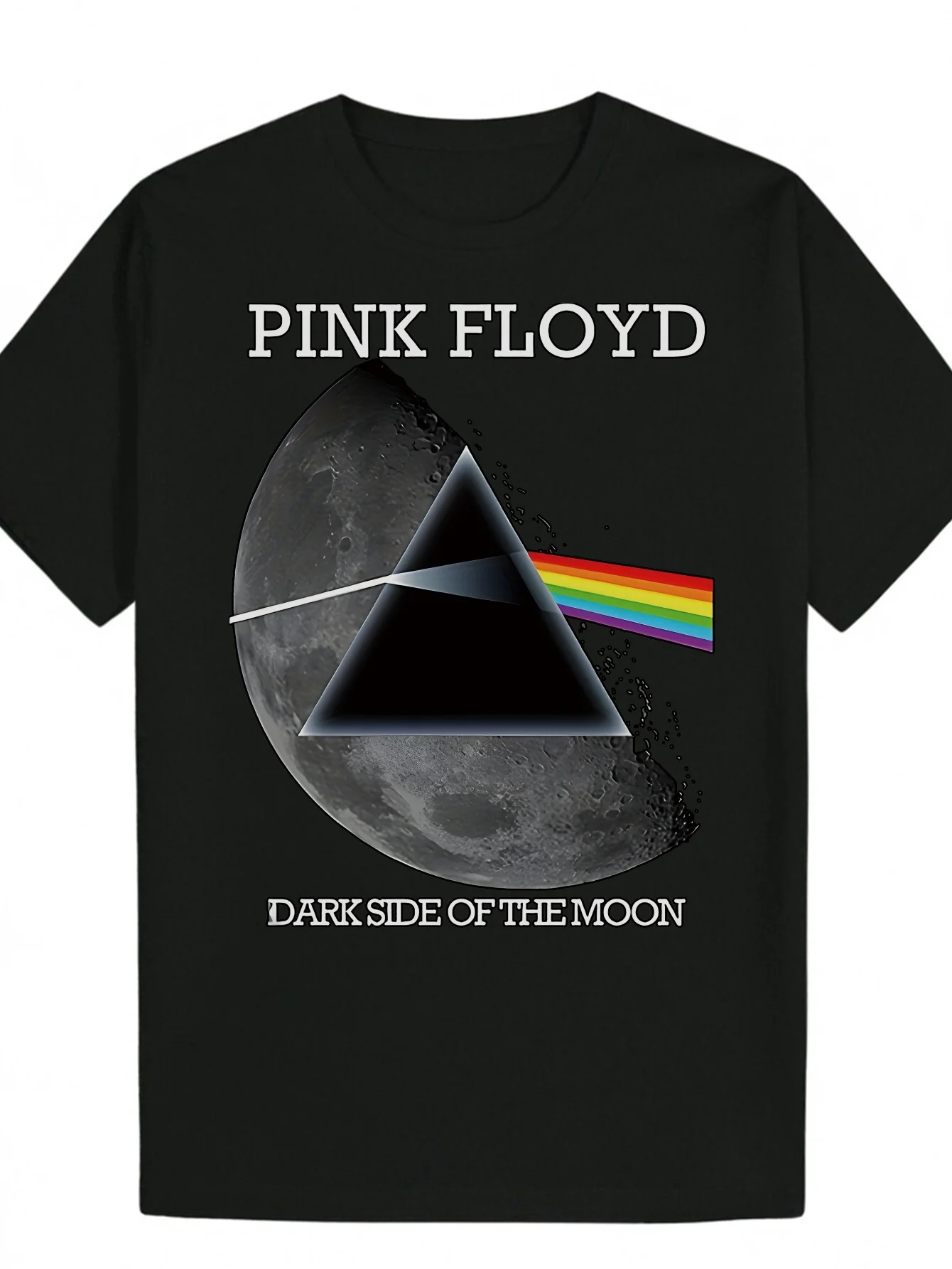 تي شيرت كاجوال للرجال باللون الأسود - Pink Floyd Dark Side of The Moon Album Art Print مع تصميم مثلث قوس قزح وقمر، رقبة دائرية