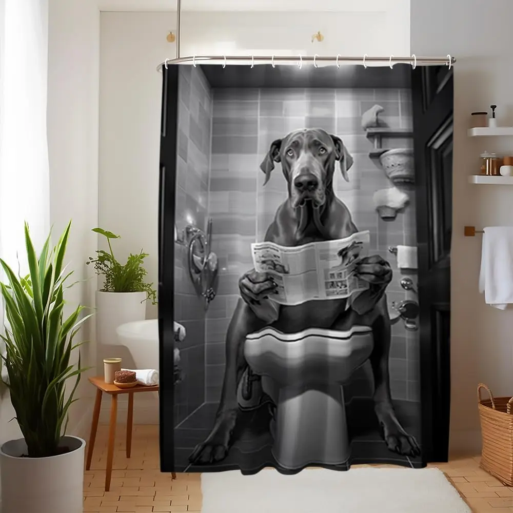 

Black Gray Great Dane Reading Newspaper on The Toilet Shower Curtain Cute Great Dane Funny Animal Bathroom Curtain Great Dane