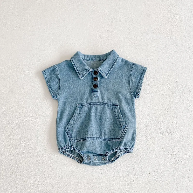 Fashion Baby Romper 0-3Years Newborn Boy Girl Short Sleeve Turn Down Collar Denim Bodysuit Pocket Playsuit Outfit Summer Clothes