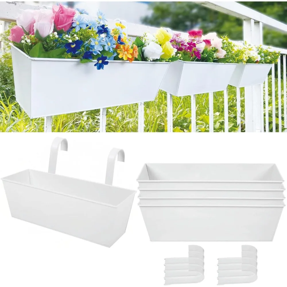

3 Large Hanging Flower Pots for Railing or Fence, 16 Inch Planter Box for Balcony Porch Deck, Countryside Style White