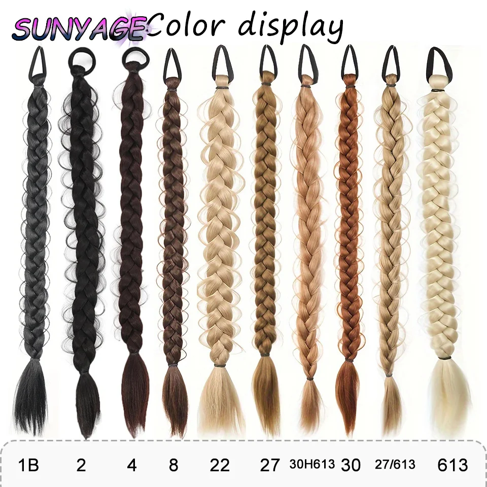 Sunyage Synthetisch Gevlochten Paardenstaart Haarverlenging Met Rubberen Band Boksvlechten Voor Vrouwen Haaraccessoires 24Inch Lang Zwart Br