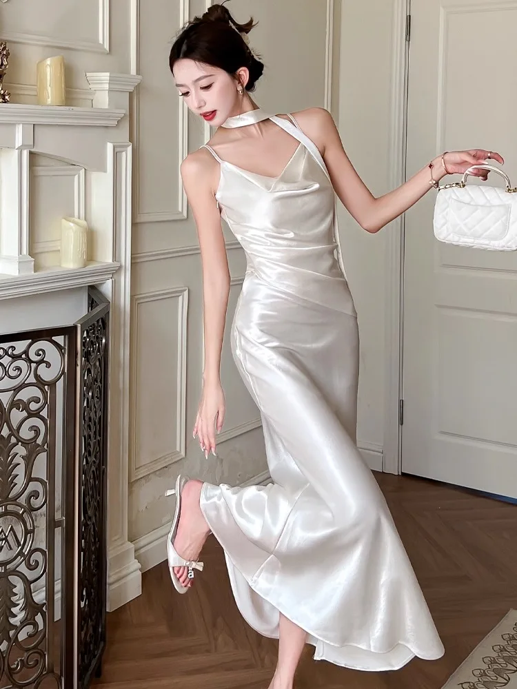 シルクサテンバースデーパーティードレス レディース サマーエレガントセクシーガウン フレンチスリーブ ウエストAラインスカート オフショルダーガウン