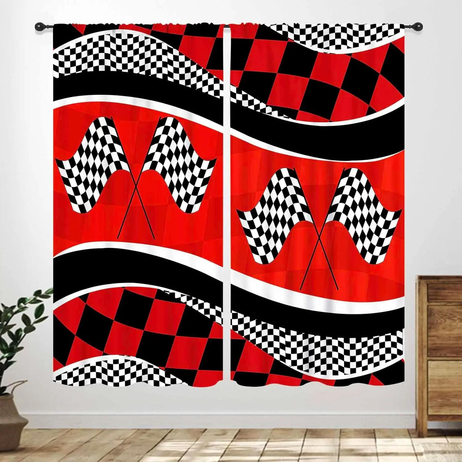 Race Car Flag Curtains for Kids Room,Black White Checked Crossed Racing Plaid Flag Boys Girl Construction Vehicles Window