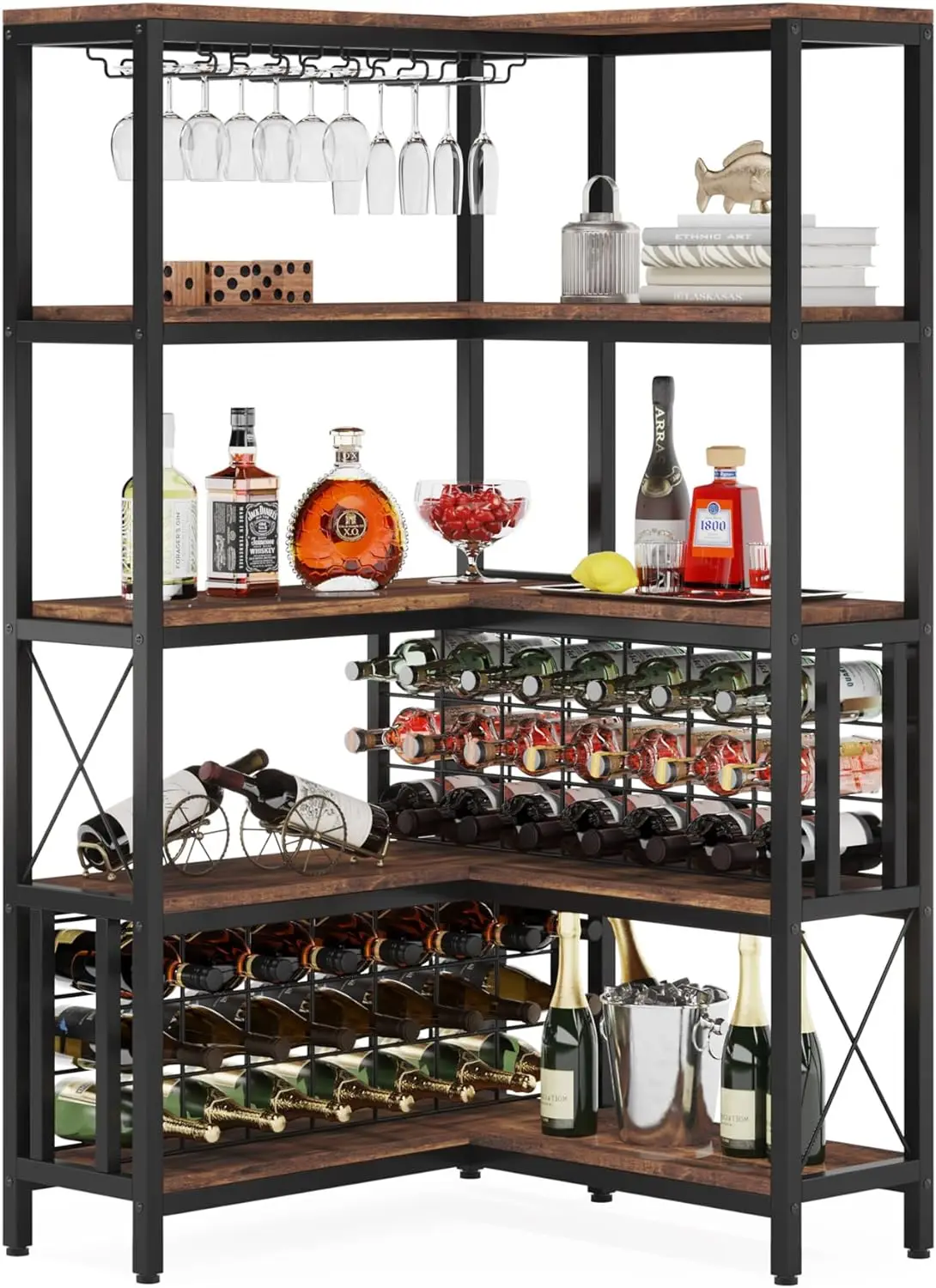 Corner Wine Rack 5-Tier L Shaped Bar Cabinets for Liquor and Glasses Storage for Home Kitchen Dining Room, Rustic Brown