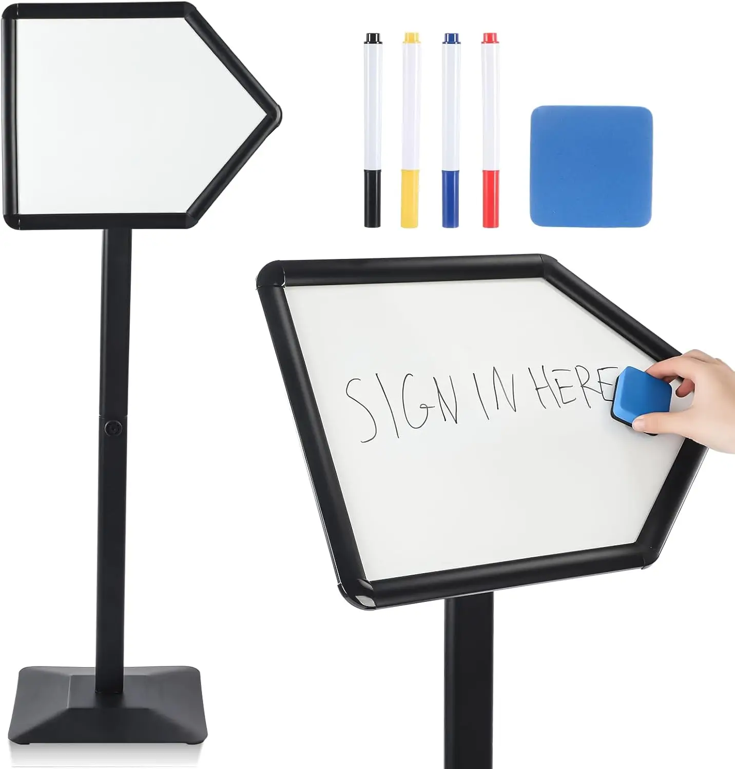 

Регулируемая напольная указательная стрелка с магнитной доской для сухого стирания, 47-дюймовая черная направляющая стойка для использования внутри и снаружи помещений