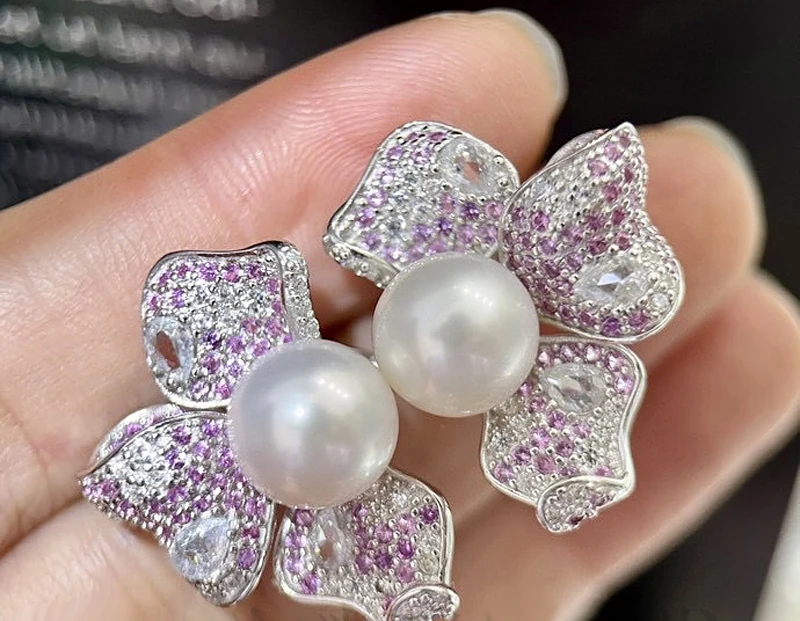 MeiBaPJ 9-10mm Natural Semiround Pearls Fashion Pink Butterfly Stud Earrings 925 Silver Ear Studs Fine Wedding Jewelry for Women